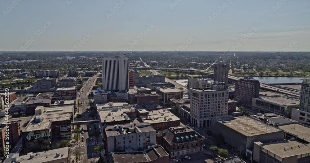 Cedar Rapids Iowa reverse pull out aerial over the downtown buildings and river - 6k footage - August 2020 Cedar Rapids Iowa reverse pull out aerial over the downtown buildings and river - 6k footage - August 2020