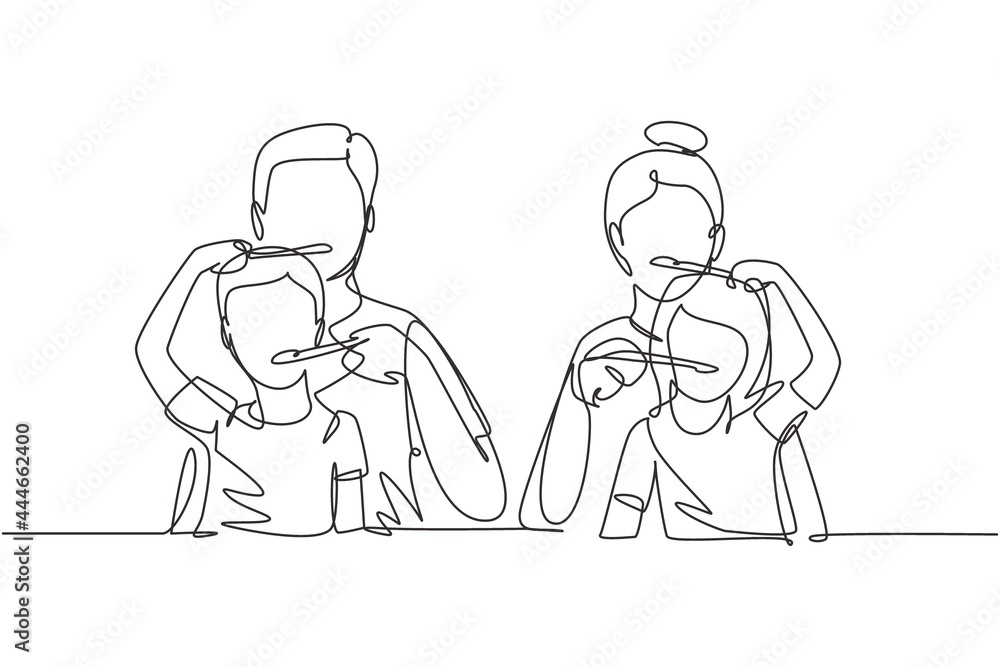 Single continuous line drawing smiling children brushes their teeth with mom and dad in bathroom. Routine habits for cleanliness of mouth and teeth. One line draw graphic design vector illustration Single continuous line drawing smiling children brushes their teeth with mom and dad in bathroom. Routine habits for cleanliness of mouth and teeth. One line draw graphic design vector illustration
