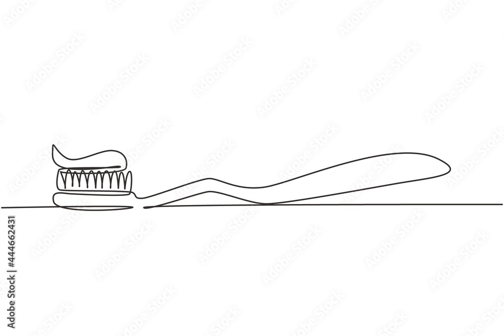 Vetor de Single one line drawing toothbrush with toothpaste. Dental