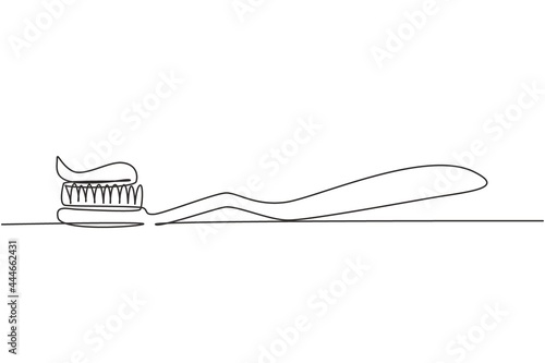 Single one line drawing toothbrush with toothpaste. Dental care equipment at home. Brushing teeth. Teeth care concept. Oral care center. Modern continuous line draw design graphic vector illustration