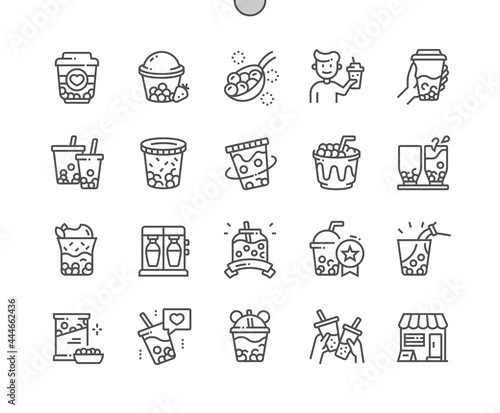 Bubble tea. Tapioca pearls. Boba milk. Coffee house. Menu for restaurant and cafe. Bubble tea in hand. Pixel Perfect Vector Thin Line Icons. Simple Minimal Pictogram