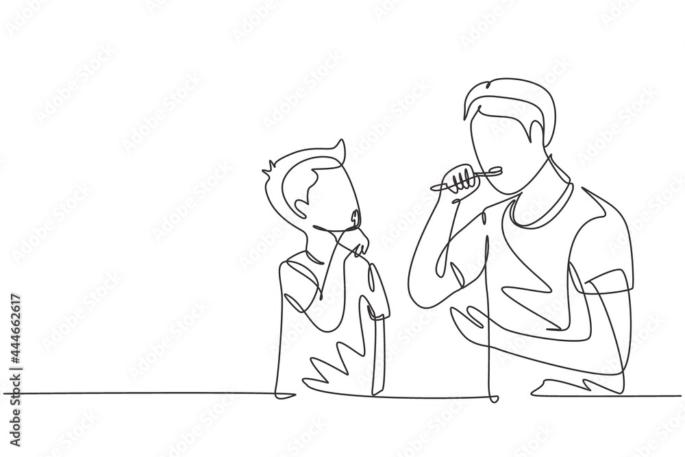 Single one line drawing father teaching his son teeth brushing in bathroom. Routine habits for cleanliness and health of mouth and teeth. Modern continuous line draw design graphic vector illustration