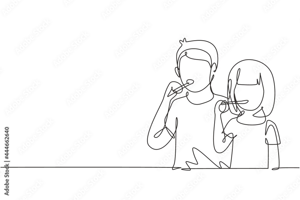 Single continuous line drawing two boys and girls are brushing their teeth in bathroom. Routine habits for cleanliness and health of mouth and teeth. One line draw graphic design vector illustration Single continuous line drawing two boys and girls are brushing their teeth in bathroom. Routine habits for cleanliness and health of mouth and teeth. One line draw graphic design vector illustration
