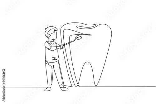 Continuous one line drawing boy brushing giant teeth with toothbrush. Symbol dental clinic, dentistry hospital, and oral care center. Teeth care. Single line draw design vector graphic illustration