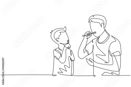 Single one line drawing father teaching his son teeth brushing in bathroom. Routine habits for cleanliness and health of mouth and teeth. Modern continuous line draw design graphic vector illustration