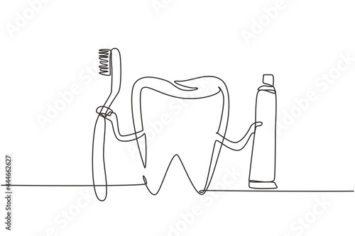Continuous one line drawing giant tooth holding toothbrush in one hand and toothpaste in the other. Symbol or logo dental clinic, oral care center. Single line draw design vector graphic illustration