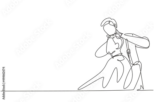 Single continuous line drawing young handsome barber making haircut of attractive bearded man in barbershop. Hairdo looks trendy and so perfect. One line draw graphic design vector illustration