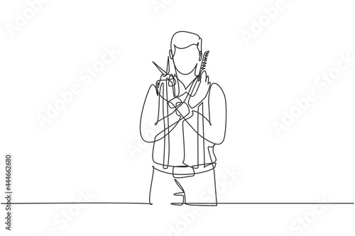 Single one line drawing barber scissors and straight razor. Vintage barbershop, shaving. Mustache men. Beard macho man. Portrait beard man. Continuous line draw design graphic vector illustration