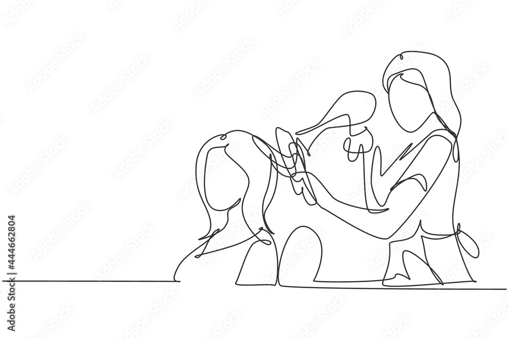 Fototapeta Single one line drawing happy young woman in hair salon. Going for change of style, discussing hairstyling with her hairdresser holding hair dryer. Modern continuous line draw design graphic vector