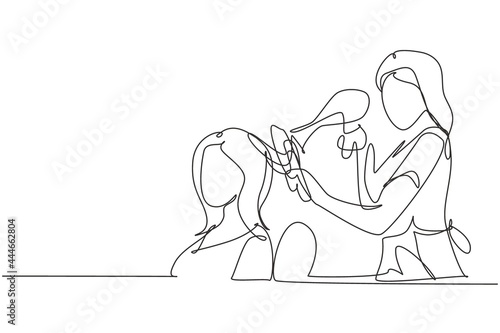 Single one line drawing happy young woman in hair salon. Going for change of style, discussing hairstyling with her hairdresser holding hair dryer. Modern continuous line draw design graphic vector