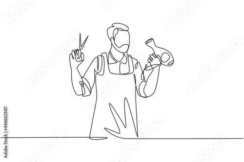 Single one line drawing young man barber masculine with hair dryer and scissors ready to service client. Hairstylist gentleman concept. Modern continuous line draw design graphic vector illustration
