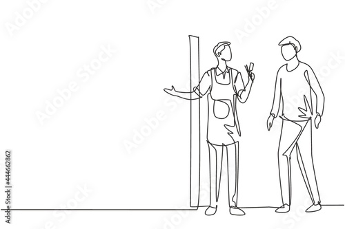 Single one line drawing hipster client visiting and hairdresser welcome customers to enter barber shop. Hairstylist gentleman concept. Modern continuous line draw design graphic vector illustration
