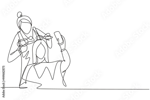 Wallpaper Mural Continuous one line drawing young girl is taking picture with stylist. Going for change of style, discussing hairstyling with her hairdresser. Single line draw design vector graphic illustration Torontodigital.ca