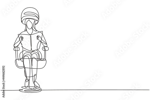 Continuous one line drawing young woman with old hair dryer reads newspaper or magazine pop art and waiting for result. Hair style beauty concept. Single line draw design vector graphic illustration