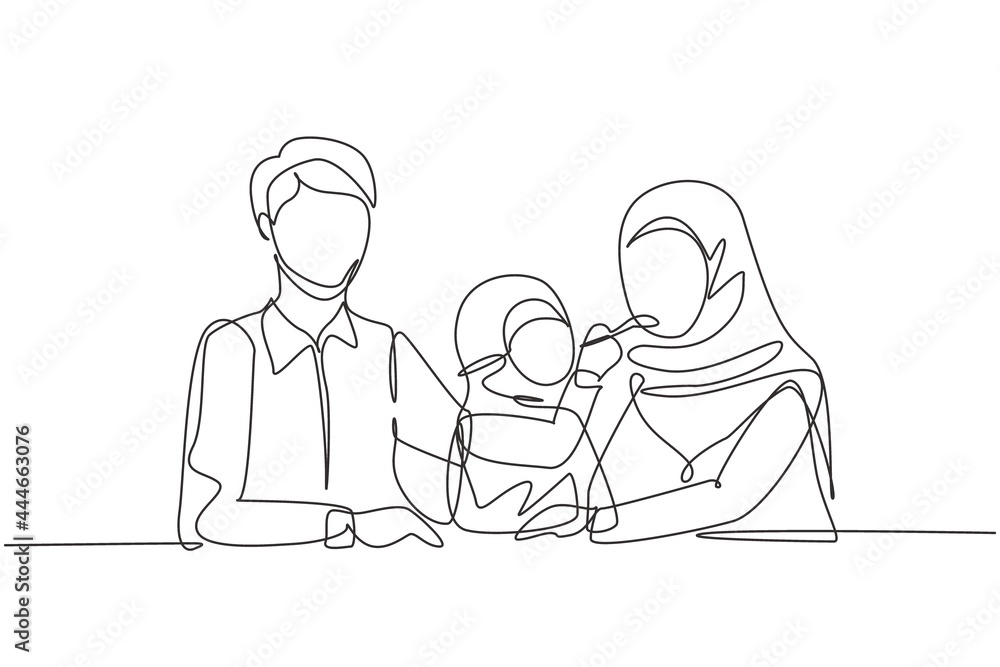 Single continuous line drawing Arab family having fun together in modern restaurant. Daughter feeds her mother with love. Happy little family concept. One line draw graphic design vector illustration Single continuous line drawing Arab family having fun together in modern restaurant. Daughter feeds her mother with love. Happy little family concept. One line draw graphic design vector illustration
