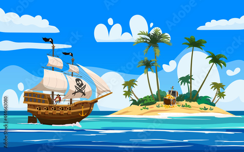 Pirate ship naval armed n ocean, Tropical Island, treasure cheast, tropical, palms. Sea landscape coast, beach, sand, adventure, game. Vector illustration