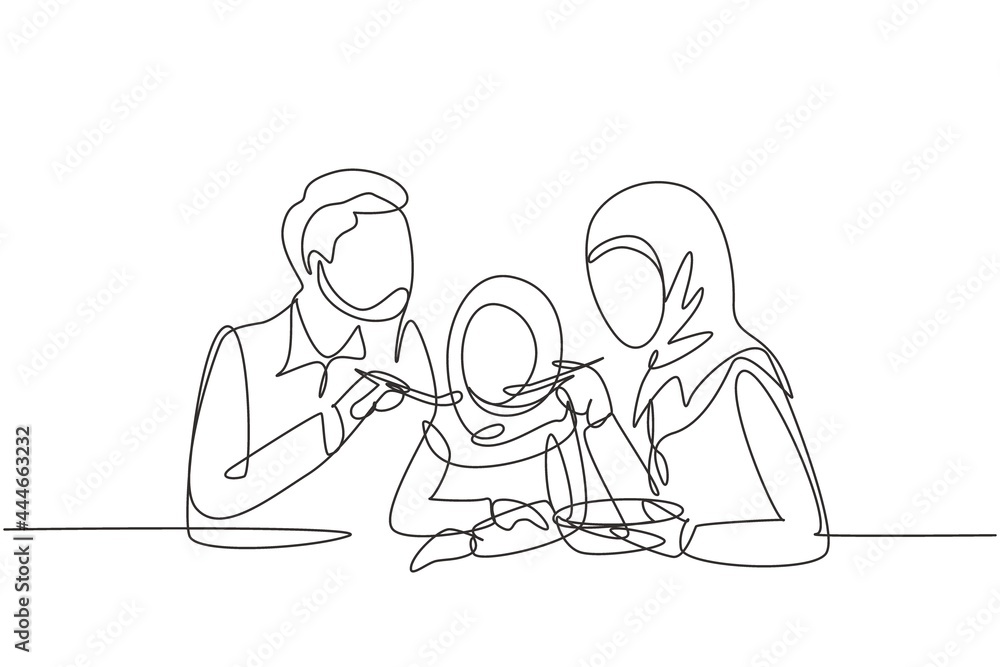 Single continuous line drawing Arabian family having fun together in restaurant. Parents feeds they daughter with love. Happy little family concept. One line draw graphic design vector illustration Single continuous line drawing Arabian family having fun together in restaurant. Parents feeds they daughter with love. Happy little family concept. One line draw graphic design vector illustration