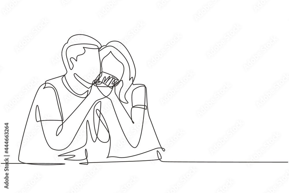 Single one line drawing young beautiful couple sharing pizza cut. Celebrate anniversaries and enjoy romantic lunch at modern restaurant. Modern continuous line draw design graphic vector illustration