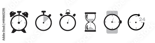 Set of monochrome clocks alarm clocks and stopwatches vector icon isolated on white background. Flat style illustration.