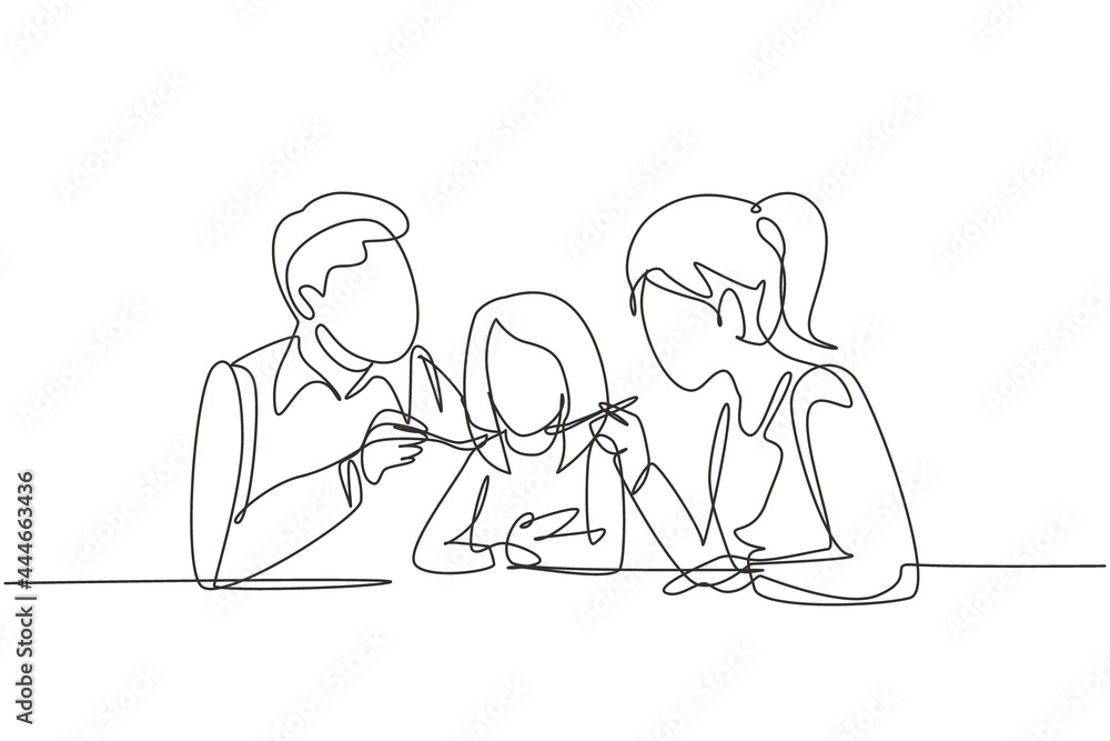 Continuous one line drawing young family having fun together in restaurant. Parents feeds they daughter with love. Happy little family concept. Single line draw design vector graphic illustration Continuous one line drawing young family having fun together in restaurant. Parents feeds they daughter with love. Happy little family concept. Single line draw design vector graphic illustration