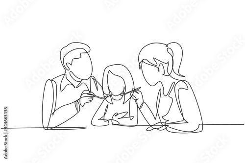 Continuous one line drawing young family having fun together in restaurant. Parents feeds they daughter with love. Happy little family concept. Single line draw design vector graphic illustration