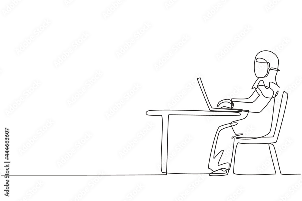 Single one line drawing Arabian girl with laptop sitting on chair around desk. Distance learning, online courses, and studying concept. Modern continuous line draw design graphic vector illustration