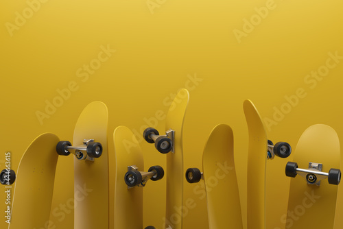 Yellow skateboard on yellow background, solid background, flat background with extreme lifestyle. 3D rendering.