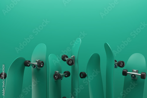 Green skateboard on green background, solid background, flat background with extreme lifestyle. 3D rendering.