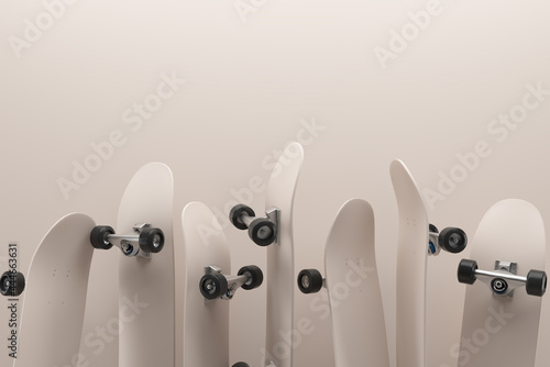 Beige skateboard on beige background, solid background, flat background with extreme lifestyle. 3D rendering.