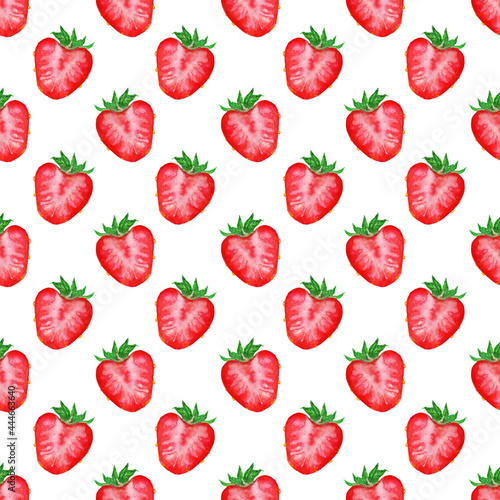 Watercolor hand drawn sketch red strawberry berry slice seamless pattern texture on white background
