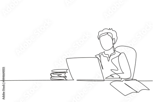 Continuous one line drawing young Arabian boy studying with laptop and pile of books. Back to school, intelligent student, online education concept. Single line draw design vector graphic illustration