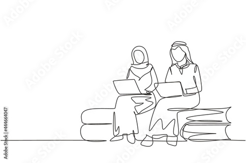 Single one line drawing Arabian couple with laptop sitting on pile of books together. Freelance  distance learning  online courses  studying. Continuous line draw design graphic vector illustration