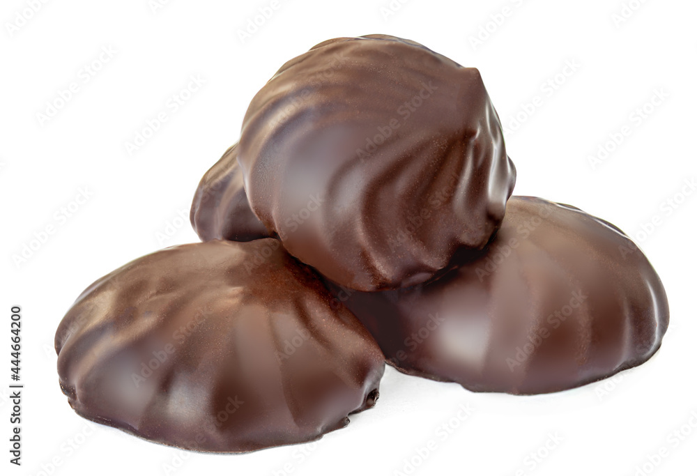 Chocolate marshmallows isolated on white background. Merengue Marshmallow Zephyr candy close up. Chocolate marshmallows isolated on white background. Merengue Marshmallow Zephyr candy close up.