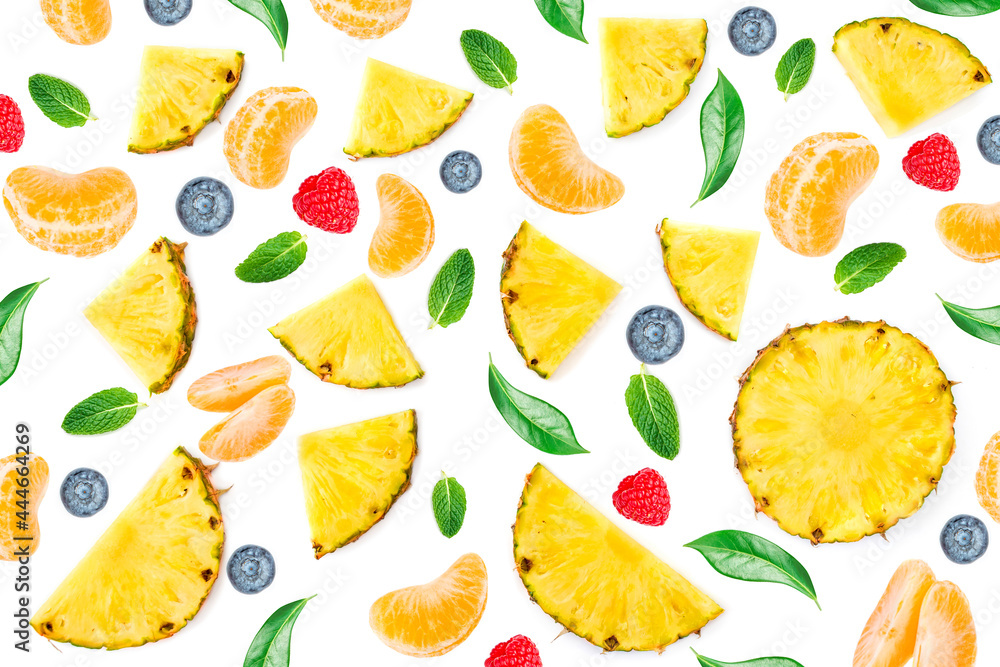 Summer Pattern with fruits and berries isolated on white background. Pineapple , mandarine, raspberry, blueberry. Tropical abstract background. Summer Pattern with fruits and berries isolated on white background. Pineapple , mandarine, raspberry, blueberry. Tropical abstract background.