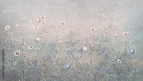 Floral light gray and blue  ornament for interior. Background with flowering plants. Floral pattern of intertwining plants. Blooming meadow for photo wallpaper