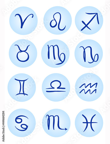 Hand-drawn zodiac signs. Symbols of the 12 signs of the zodiac. The signs of the eastern horoscope in blue tones.