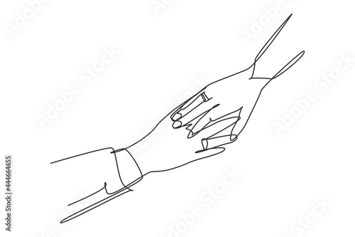 Single continuous line drawing hand of groom and bride with wedding rings. Bride and groom make vow of loyalty on their wedding day. Marriage ceremony. One line draw graphic design vector illustration