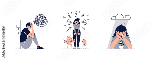 Mental disorders, illnesses, psychiatry set vector illustration. People suffers from mental psychological diseases. Isolated on white. Stress, anxiety, depression concept for banner. Flat style