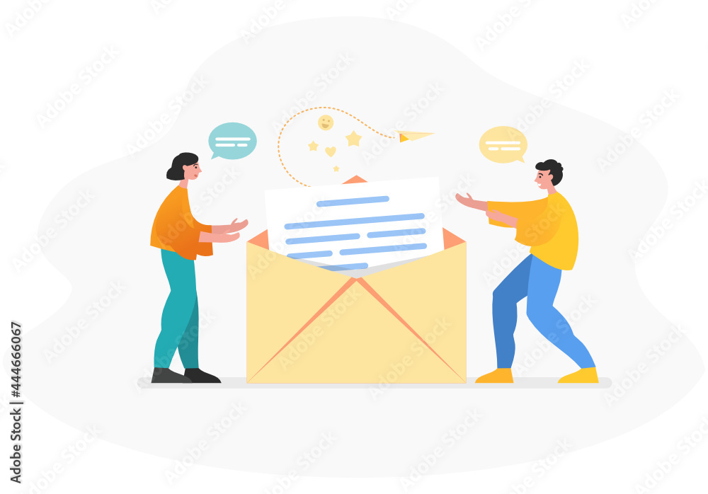 Fototapeta premium Send or receive message, contact us form. Group of people stand near big letter. Modern vector illustration