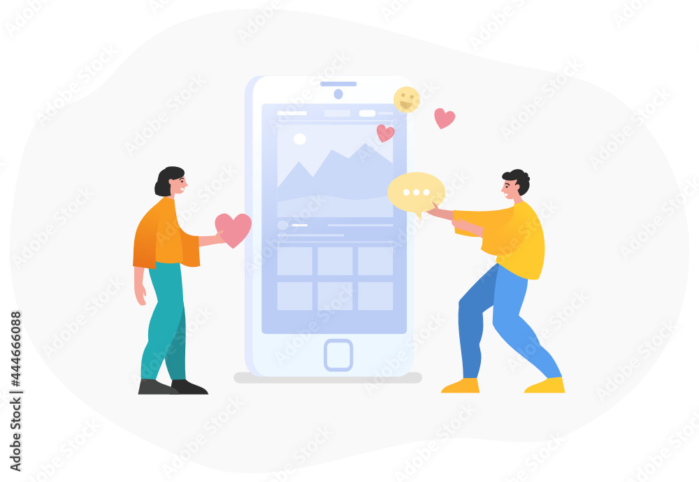 Increase followers, likes on social media page. Two people stand near big phone. Modern vector illustration Increase followers, likes on social media page. Two people stand near big phone. Modern vector illustration