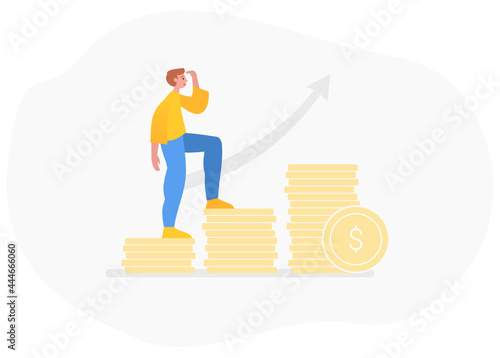 Financial or income growth. Man climbing up by steps made of coins. Modern vector illustration