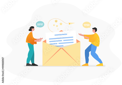 Send or receive message, contact us form. Group of people stand near big letter. Modern vector illustration