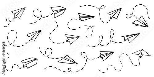 Vector set of paper airplanes. Travel, route symbol. Hand-drawn, doodle elements isolated on white background.