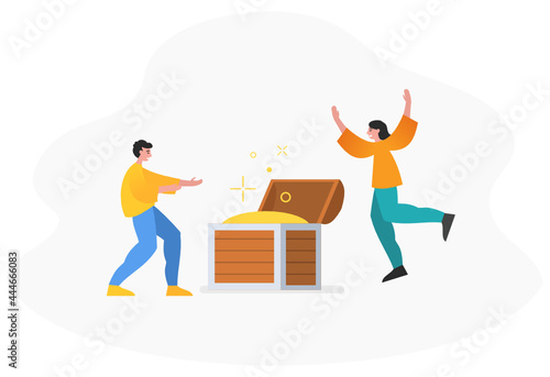 Find treasure chest, win big prize, achieve success. Two people stand near big treasure chest. Modern vector illustration