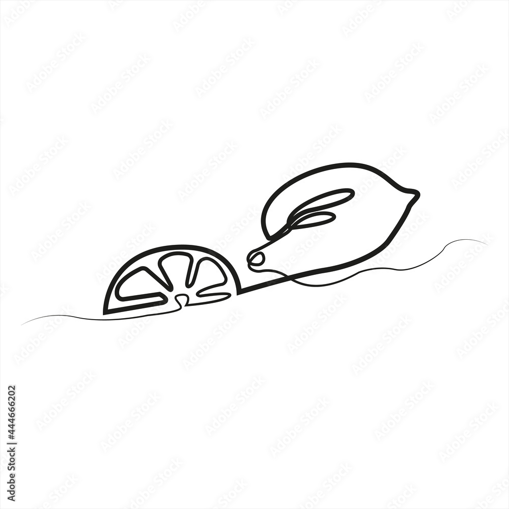 Lemon - one line drawing. Lime..Lemon and lemon wedge in continuous line drawing style isolated on white background. Vector. Linear style. Vector.