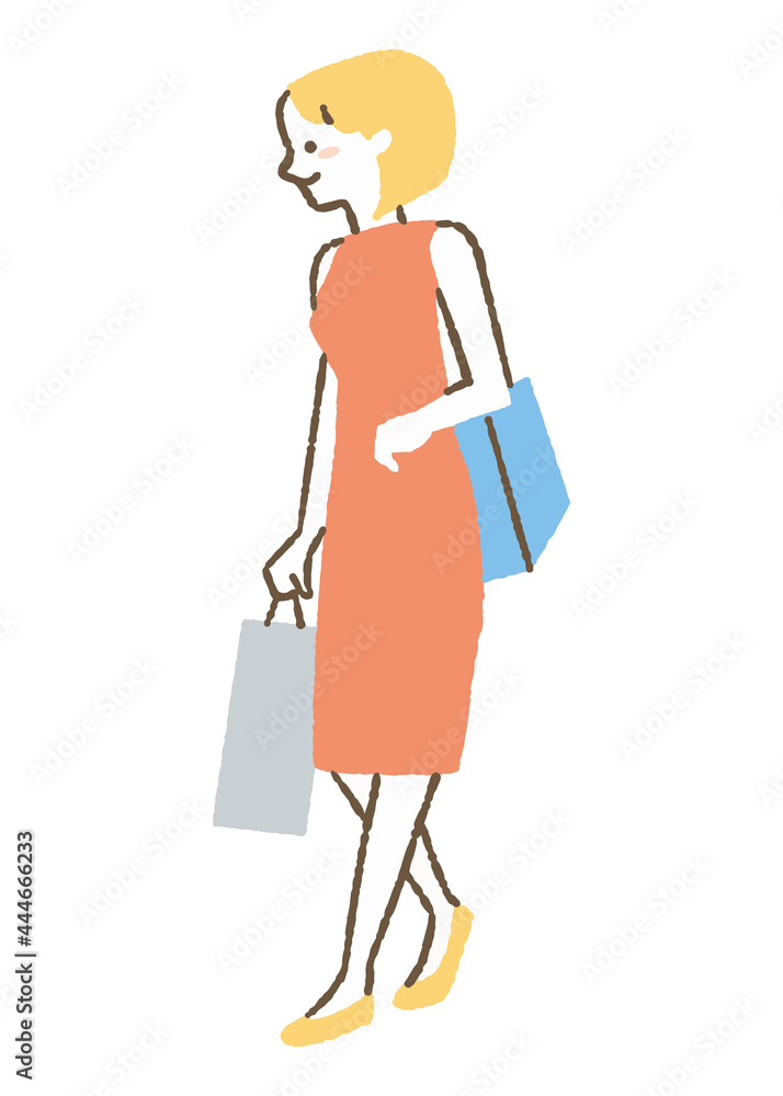 買い物しているワンピースを着た女性_色 買い物しているワンピースを着た女性_色