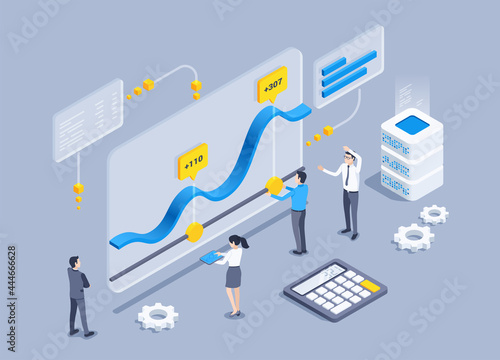 isometric vector illustration on a gray background, people in business clothes are working in front of a huge screen with data that is entered on the server, data center