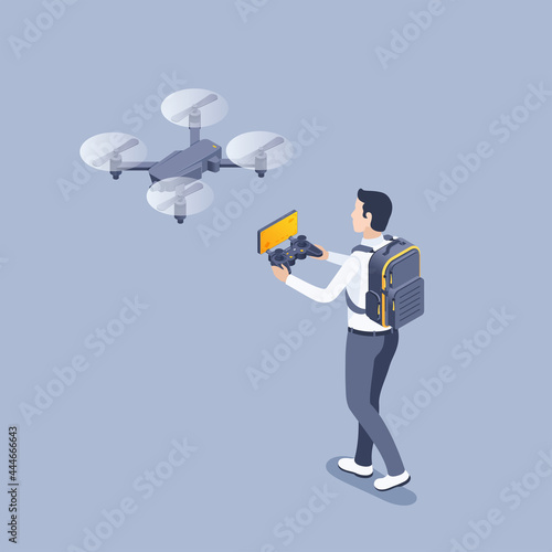 isometric vector illustration on gray background, man with backpack and drone control panel, drone launch