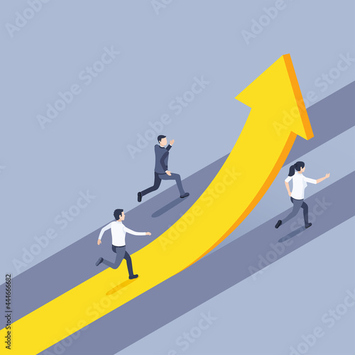isometric vector illustration on a gray background, men and a woman in business clothes are running along the paths one of which is a yellow arrow going up, the right way to success