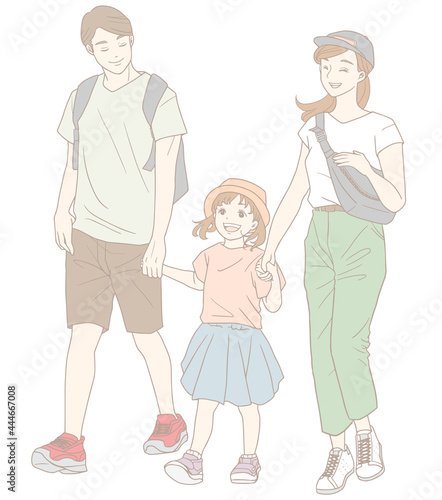 お出かけする家族（パステルカラー）